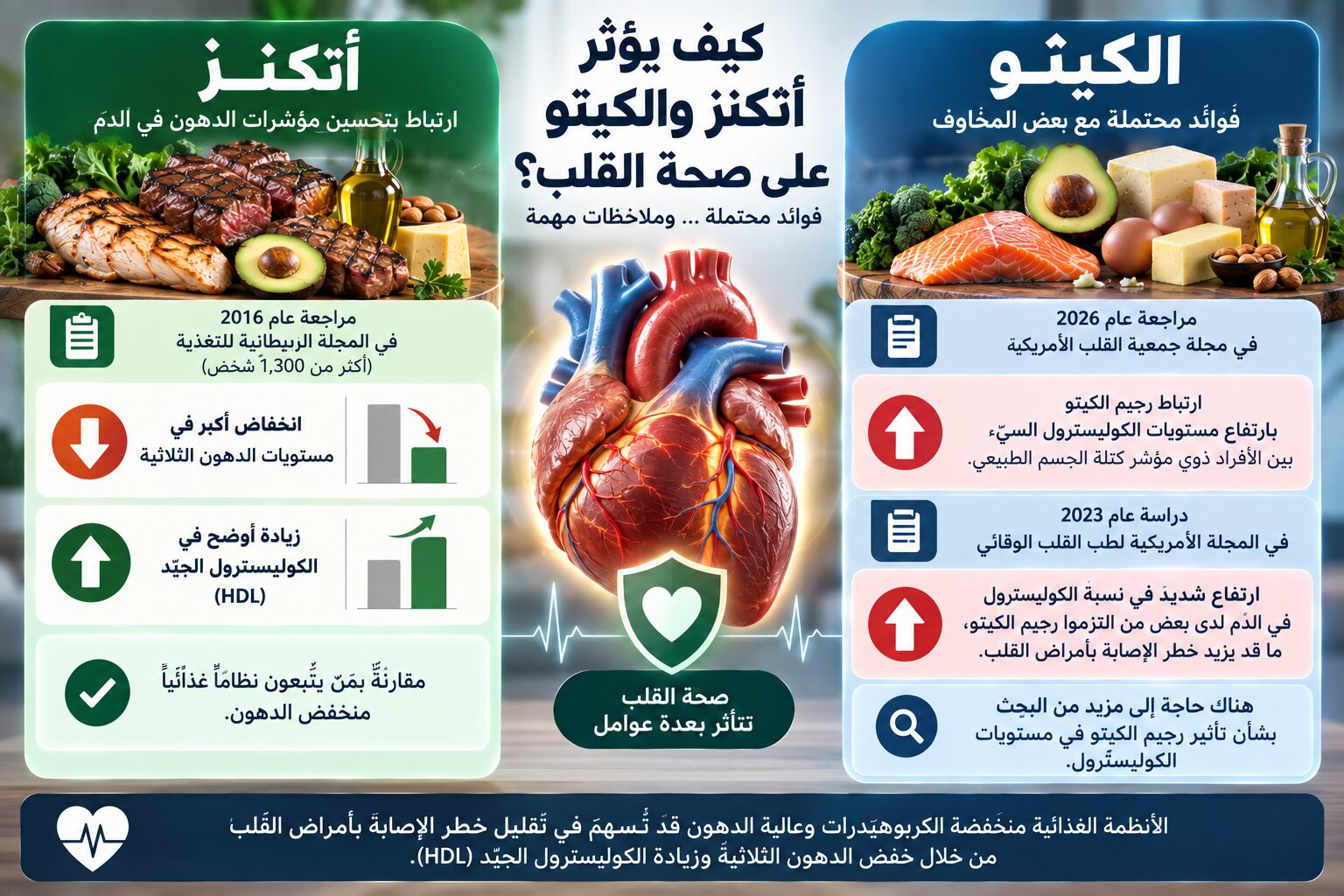 رجيم أتكنز يصحبه انخفاض أكبر في الدهون الثلاثية، بينما قد يصحب رجيم الكيتو زيادة في مستويات الكوليسترول السيء