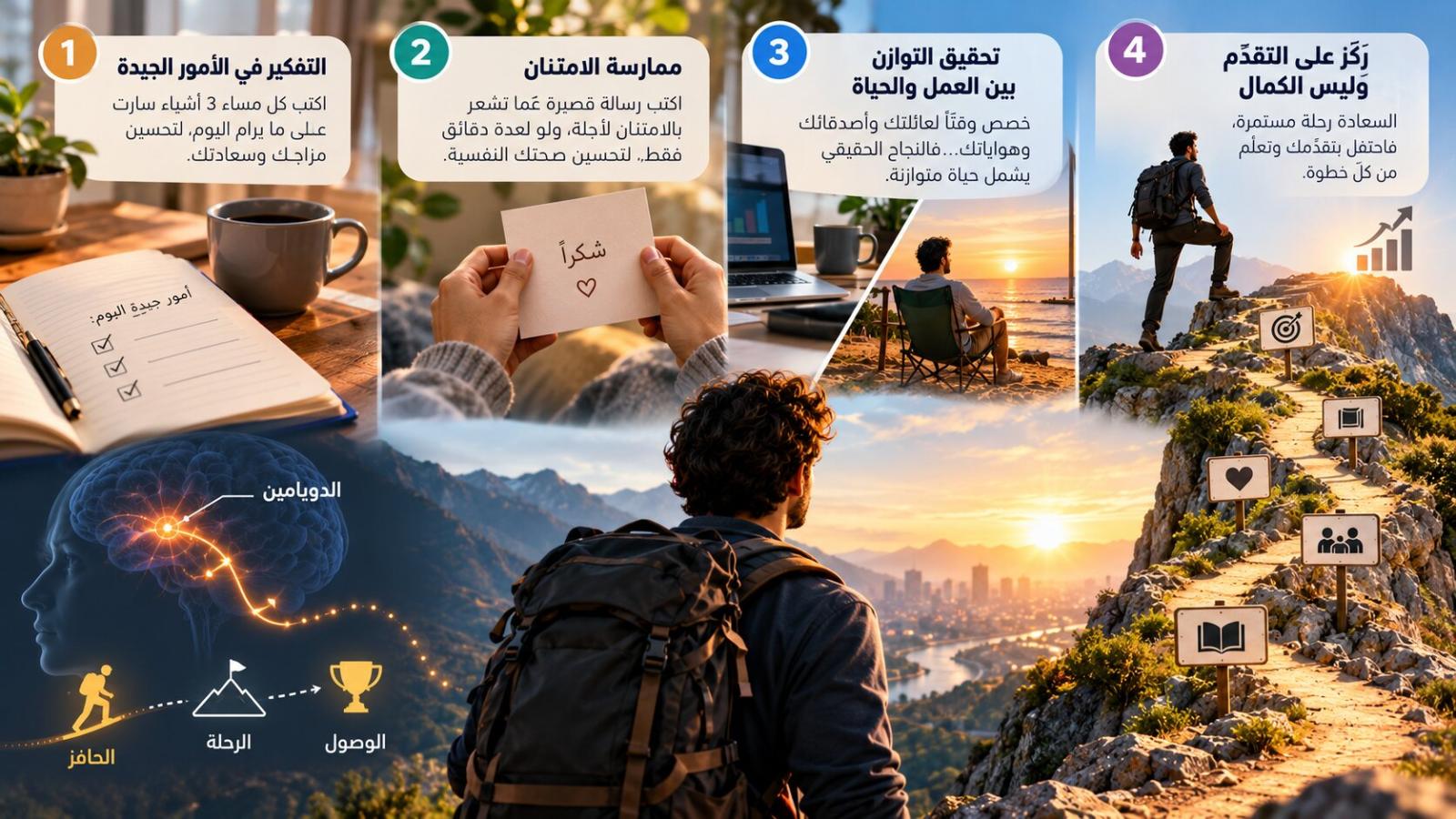 التفكير في الأمور الجيدة خلال يومك وممارسة الامتنان من سبل إيجاد السعادة