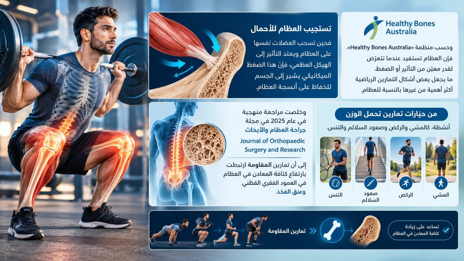 تستجيب العظام للأحمال، ما يجعل تمارين المقاومة وتمارين تحمل الوزن الخيار الأنسب لبناء كثافتها