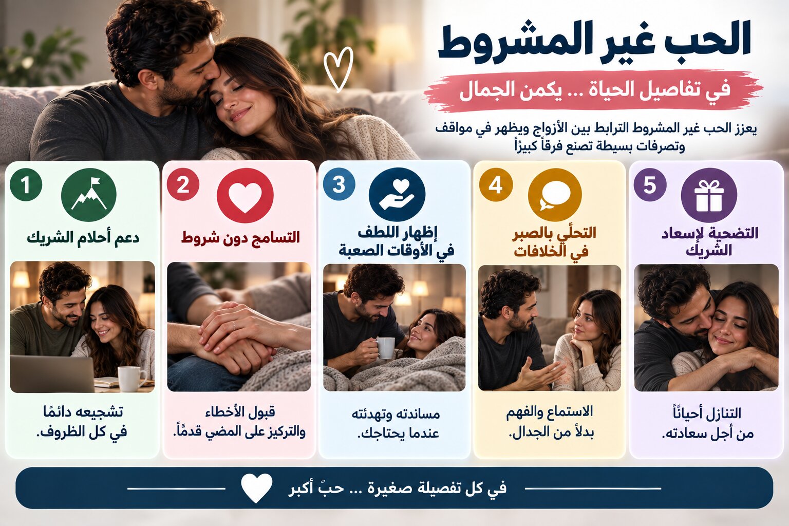التسامح دون شرط والدعم في الأوقات الصعبة والصبر في وقت الخلافات من علامات الحب غير المشروط في العلاقة