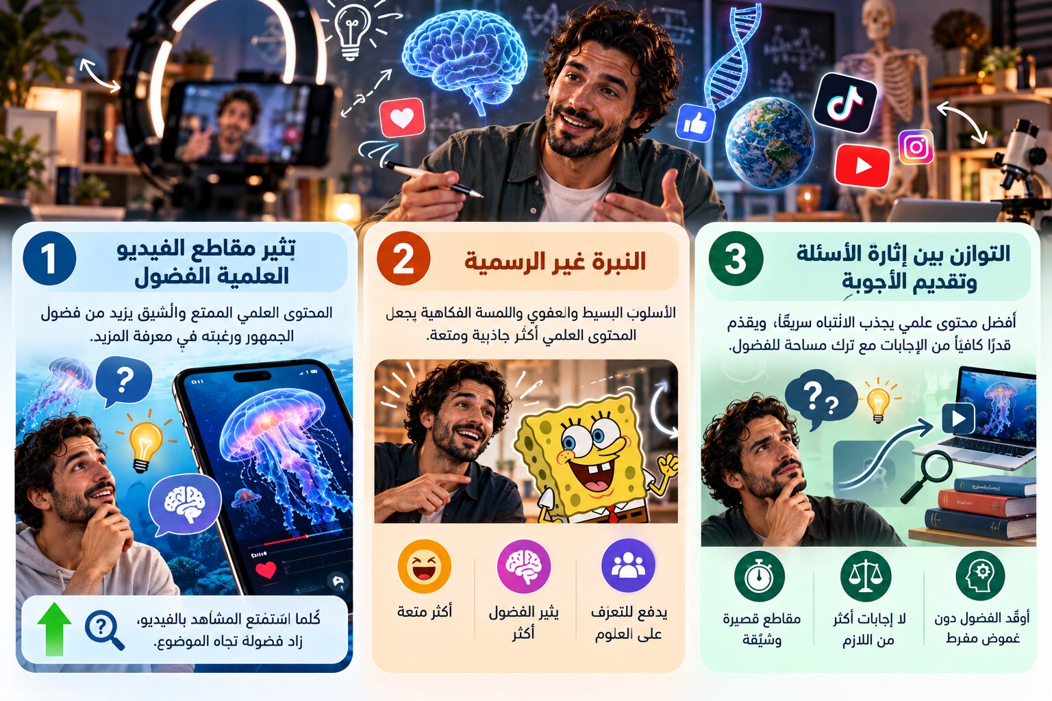 النبرة غير الرسمية، وطبيعة العلم المثيرة للفضول، وطرح الأسئلة دون غموض كبير من أهم العوامل التي تحافظ على جاذبية المحتوى العلمي