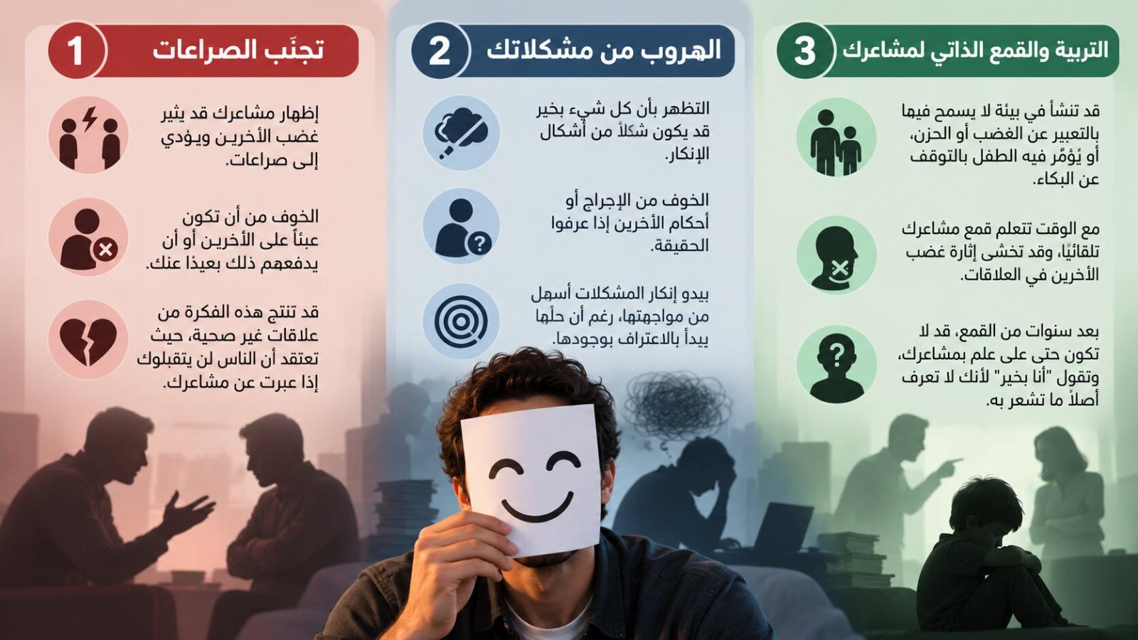 تجنب الصراعات والهروب من المشكلات وقمع المشاعر بسبب التربية من أسباب قول أنك بخير رغم أنّك لست كذلك