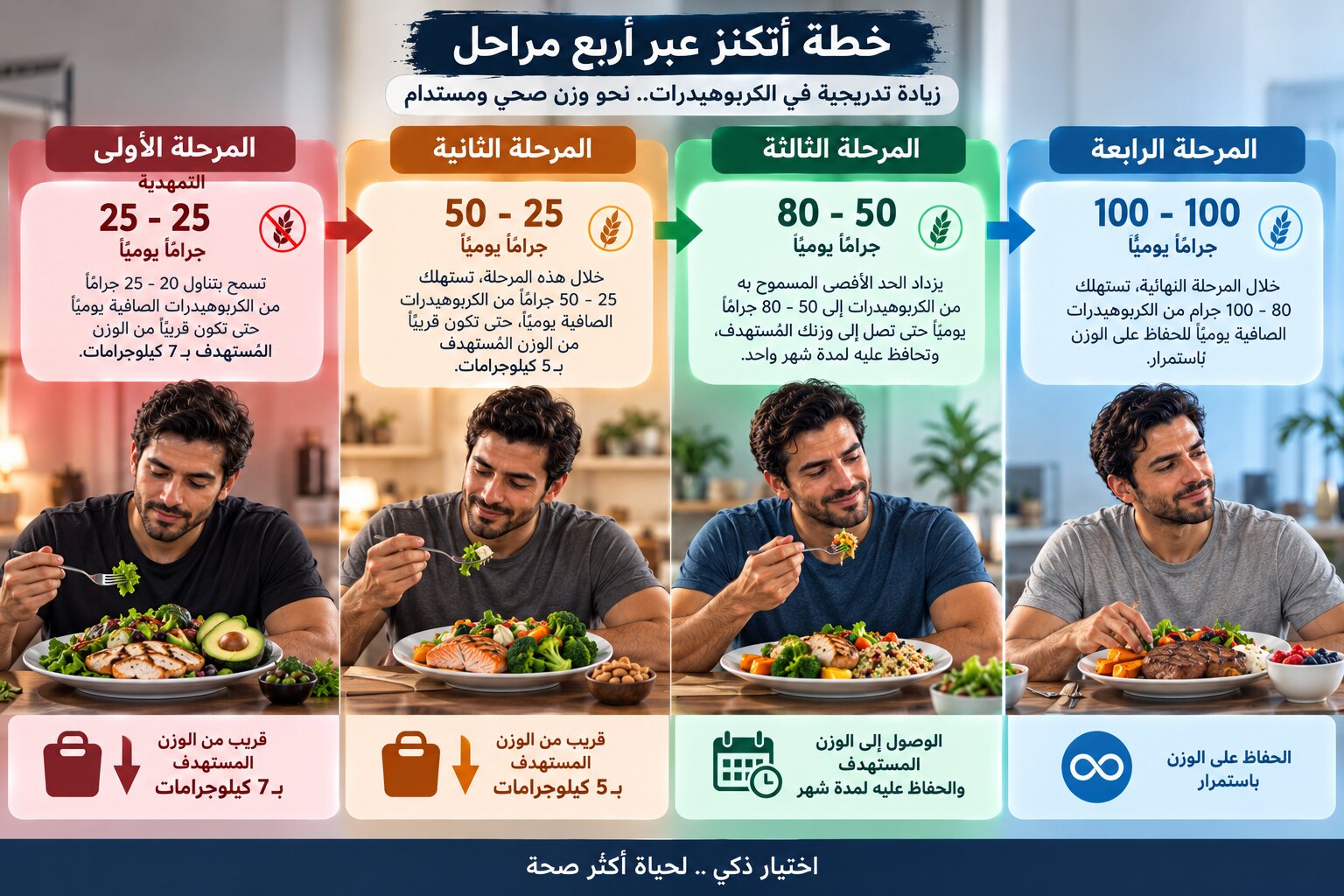 رجيم أتكنز يمر بـ4 مراحل، تتدرّج فيها زيادة الكربوهيدرات، للحفاظ على الوزن بعد فقدانه