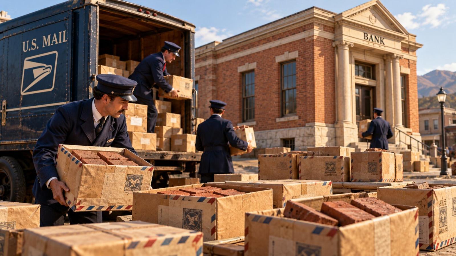 بُني أول بنك في مستوطنة فيرنال بولاية يوتا بعد نقل الطوب عبر البريد من خلال أكثر من 1,500 صندوق طرد