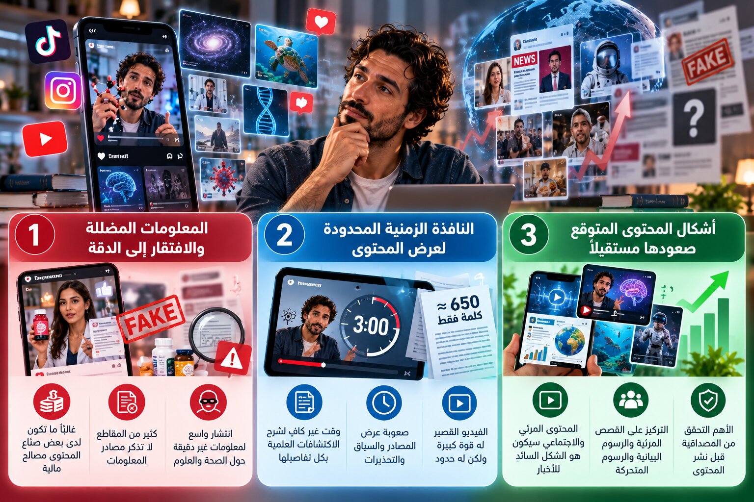 المعلومات المضللة ومحدودية النافذة الزمنية لعرض المحتوى من أهم التحديات، مع توقع صعود المحتوى المرئي والاجتماعي