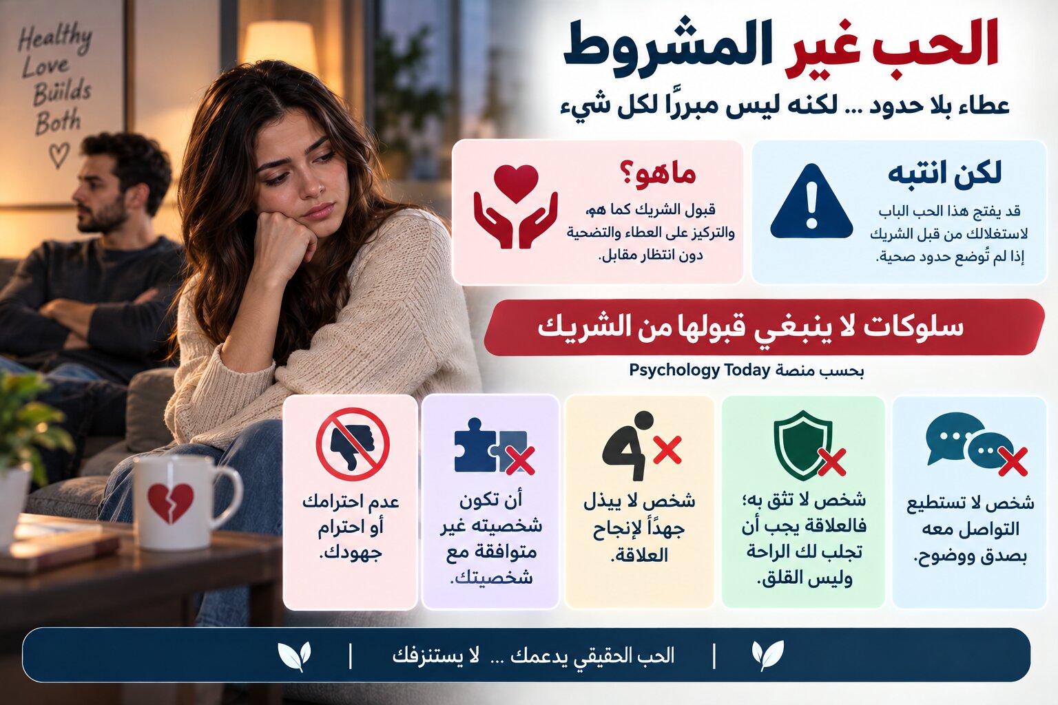 قد يفتح الحب غير المشروط باب الاستغلال دون قصد، ومن السلوكات التي يجب عدم قبولها هي عدم الاحترام أو عدم بذل جهد لإنجاح العلاقة