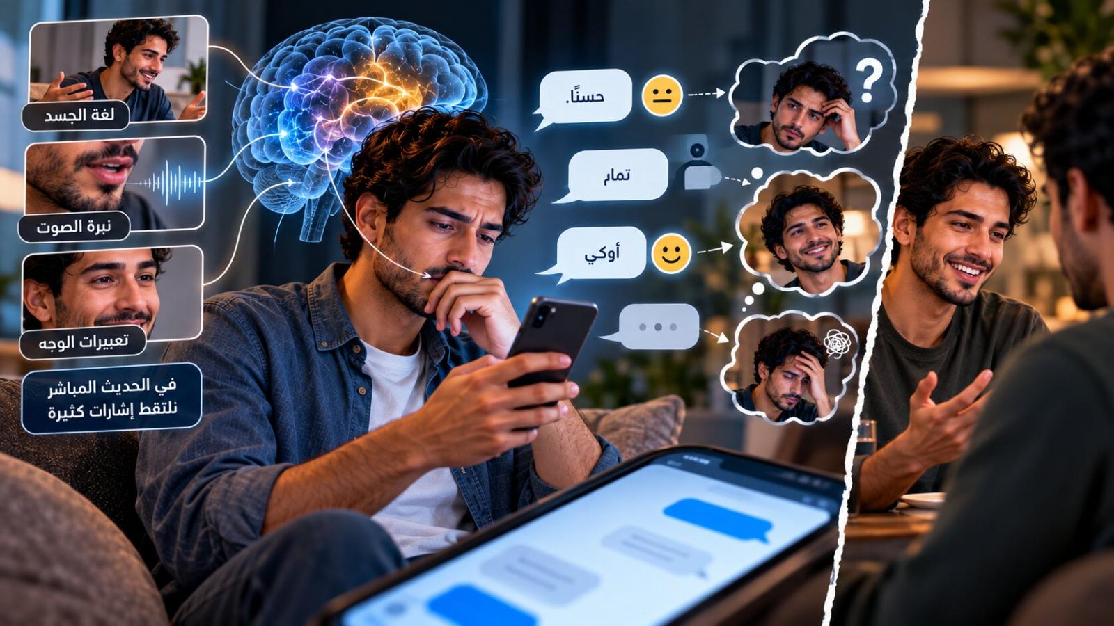 قد يحاول الدماغ ملء فجوات التواصل النصي بافتراضات مبنية على تجارب سابقة، ما قد يؤدي إلى سوء الفهم، مقارنة بالتواصل وجهًا لوجه