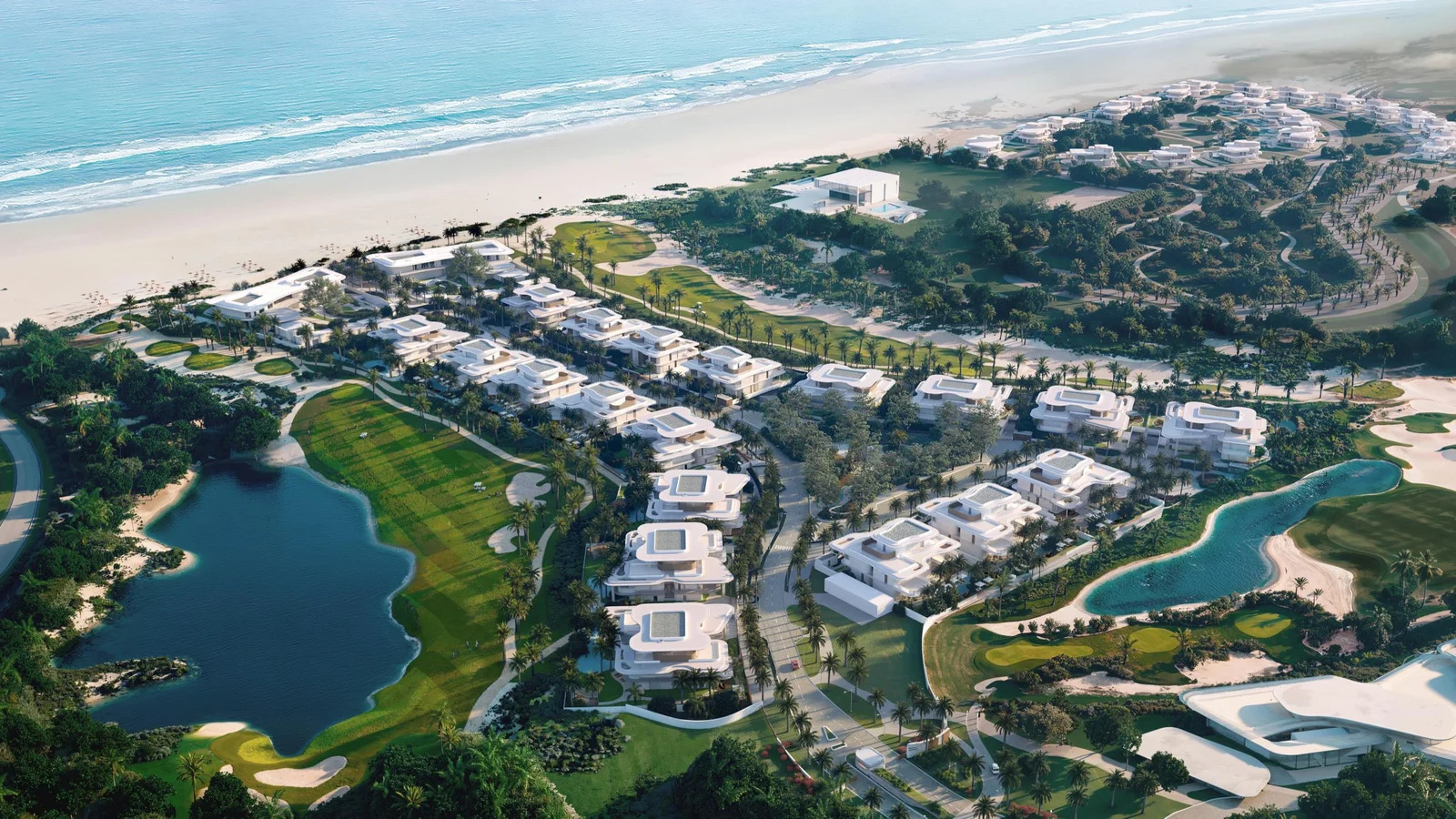 إطلالة جوّية على مشروع فايا السعديات تكشف تناغم الفلل الشاطئية مع ملاعب الغولف والخضرة والبحر