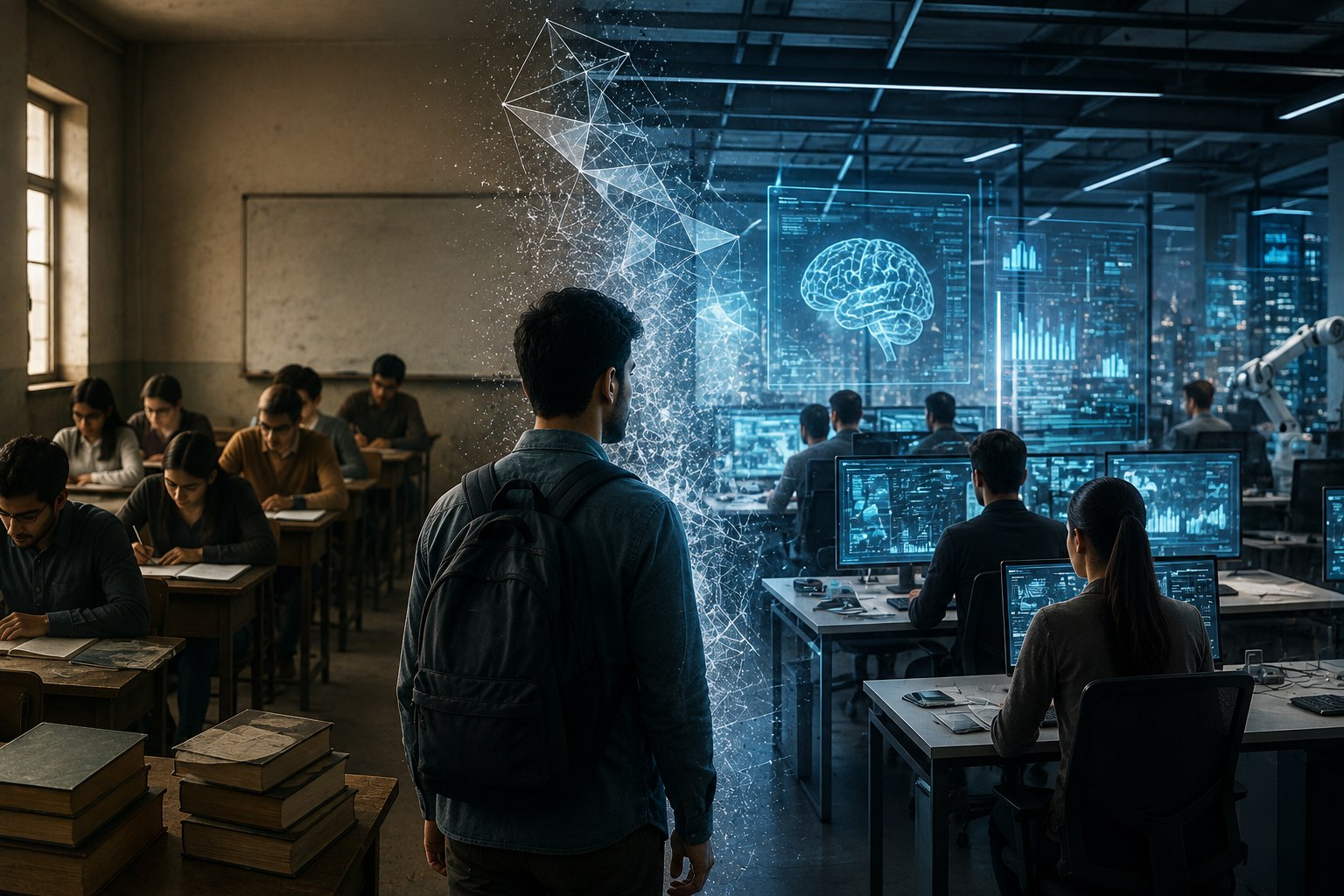  تتجلى إحدى المعضلات المركزية في عدم التوافق بين مخرجات المناهج التعليمية التقليدية ومتطلبات سوق العمل